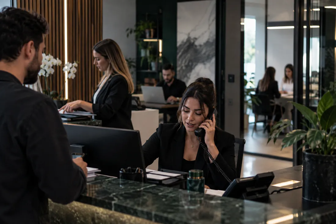Office employee handling calls and follow-up at the front desk