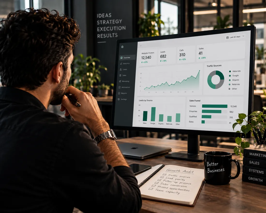 A business owner reviewing leads and sales on a growth dashboard