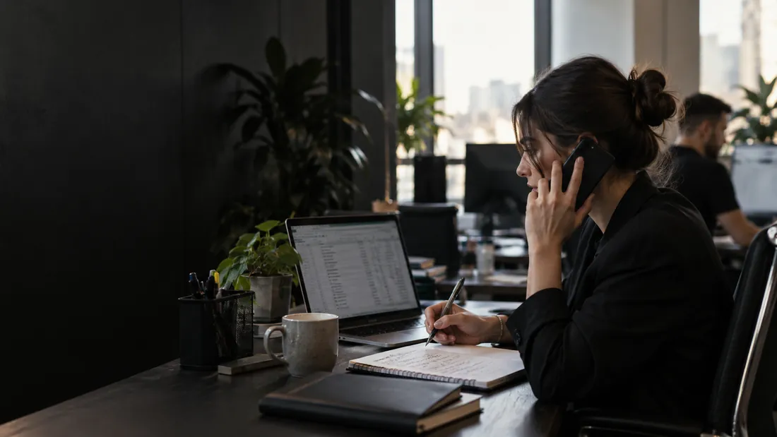 A woman on the phone taking notes next to a laptop
