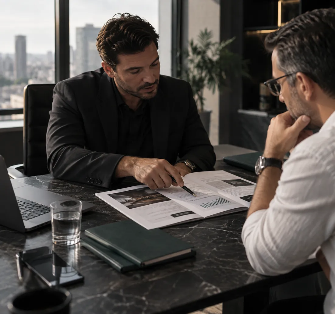 A consultant walking a business owner through a sales report